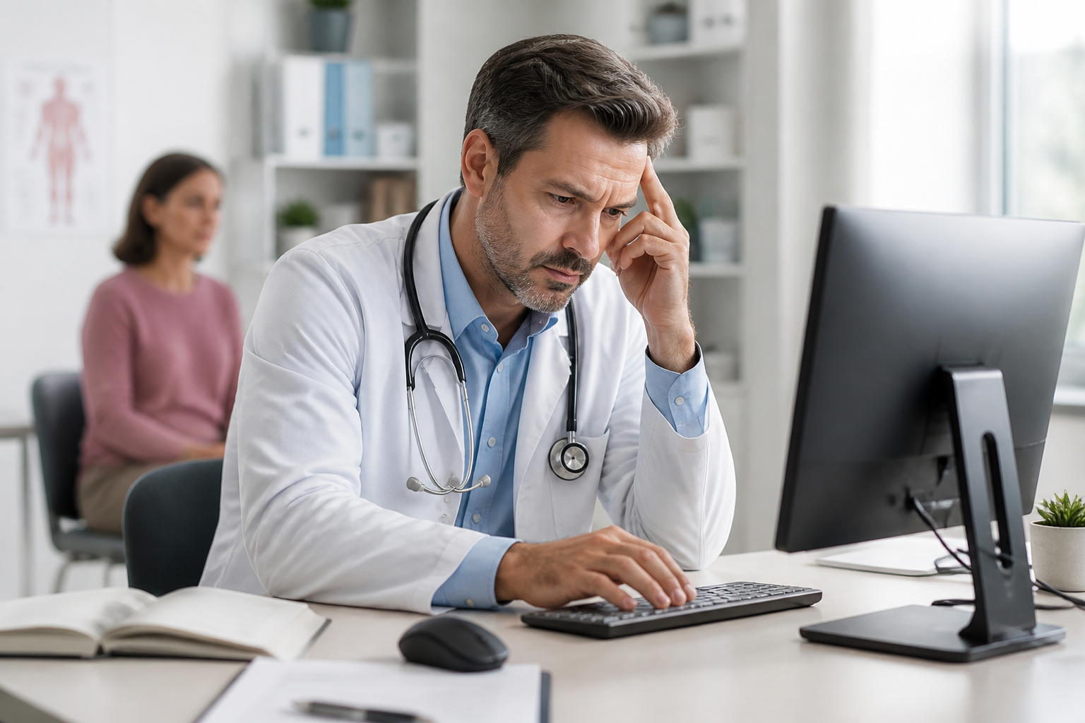 Medic concentrat asupra documentării la computer, în timp ce pacienta așteaptă