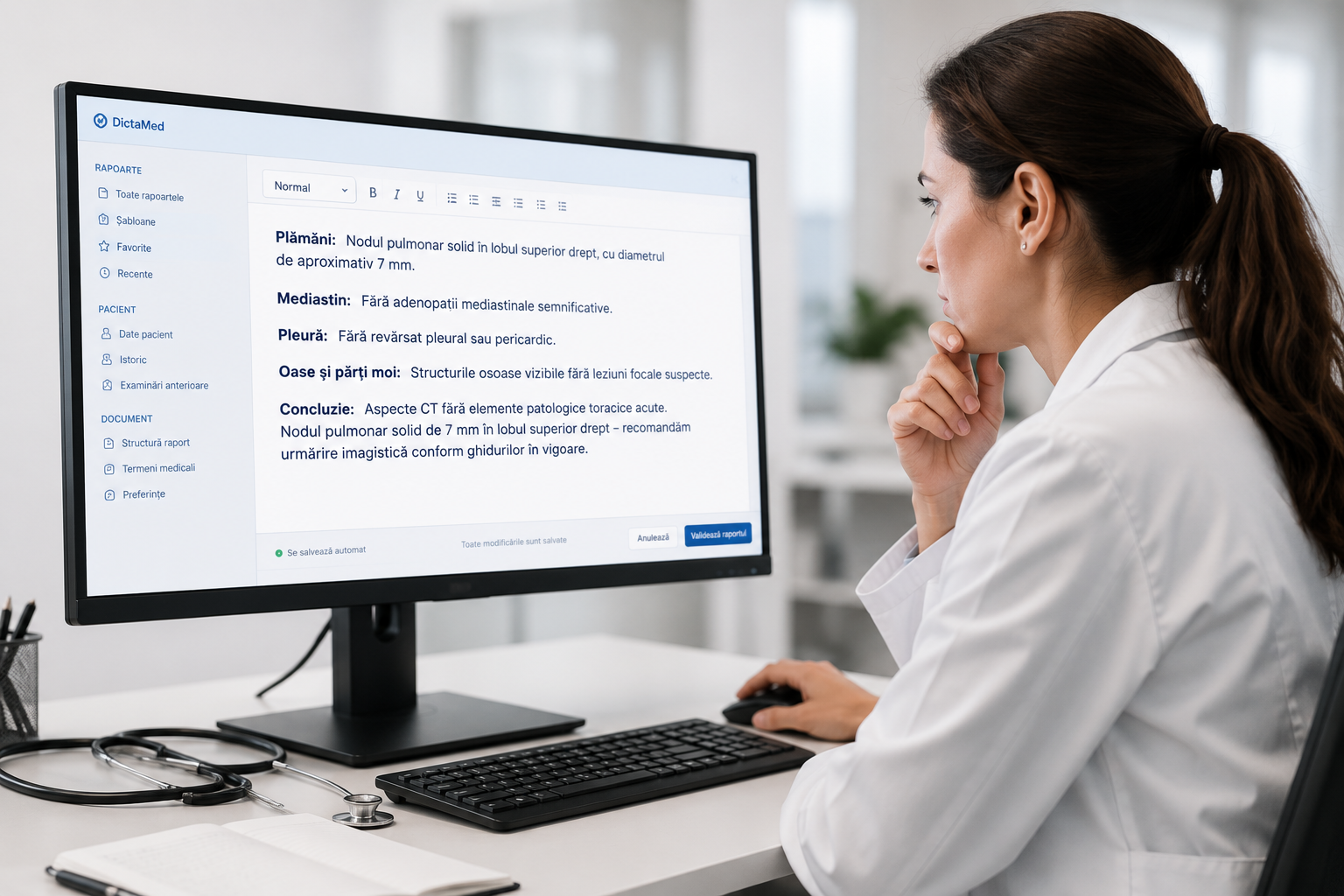 Medic care verifică raportul medical pe monitor