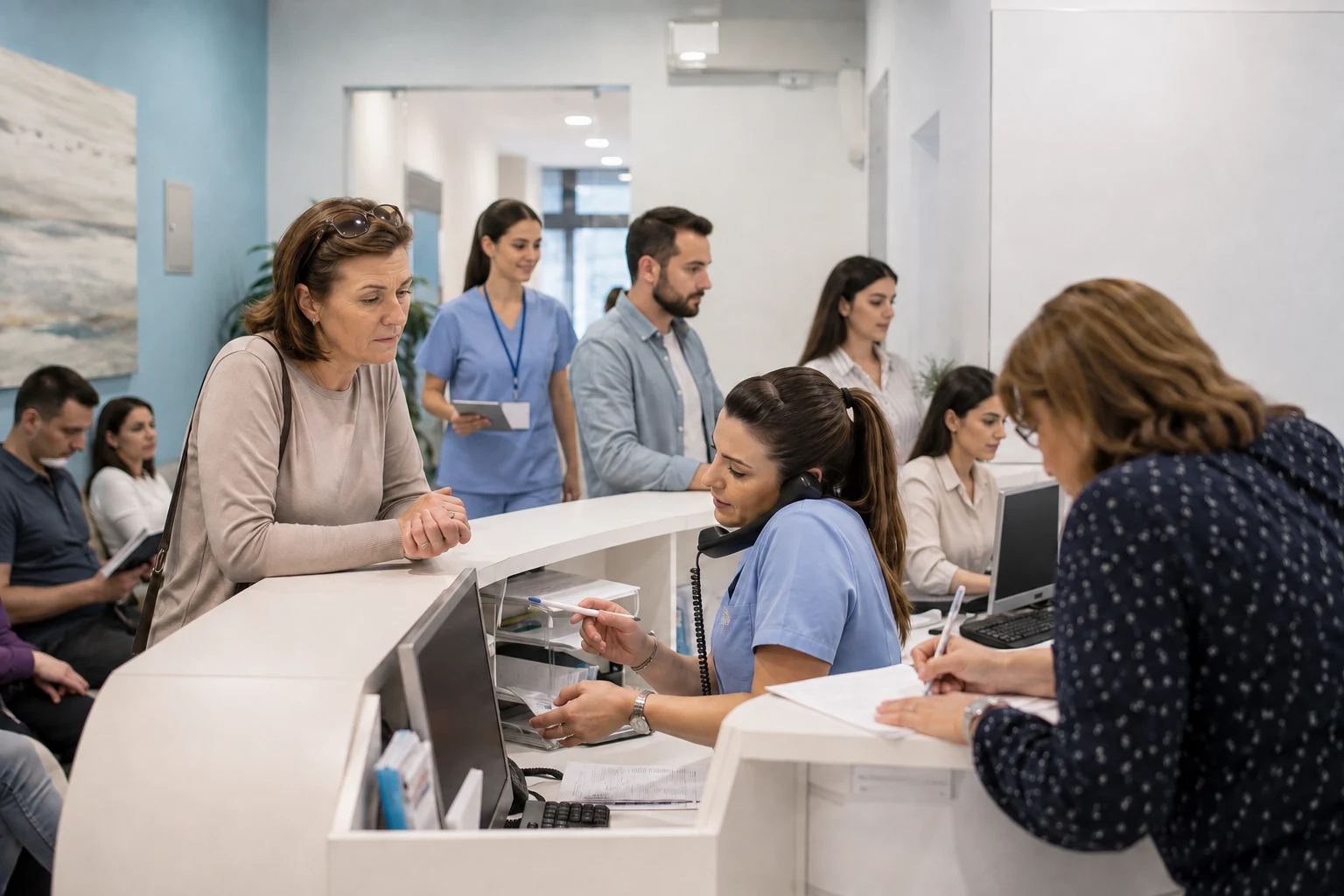 Recepție medicală aglomerată, cu personalul clinic gestionând simultan mai mulți pacienți și activități.